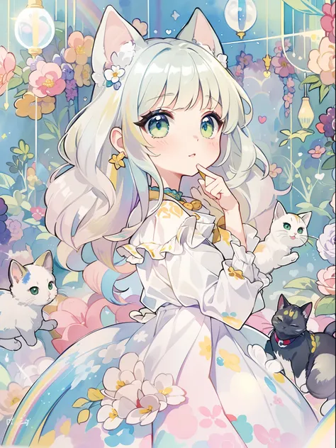 ((Best quality1.2))、((Masterpiece 1.2))、watercolor paiting、((Fashionable clothes))、((Take a cute cat 1.5))、white colors((rainbow-colored hair))