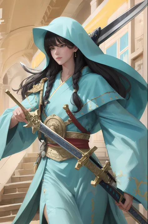 Quadrangle，Cyan robe，shoun，The right hand holds the sword and points to the side ahead