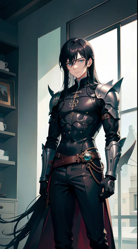 Young man, Long black hair, Cyan eyes, Tatoo, open torso, breeches, Iron hands, tmasterpiece, hiquality