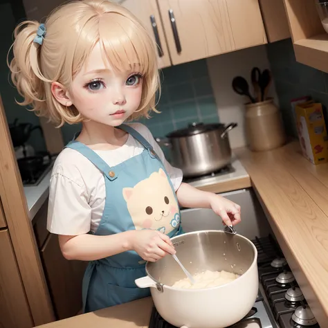 Cute Baby Chibi Anime.Pale Blue Wave Bob,Brown-eyed,Beige and brown clothes and aprons,Cute kitchen