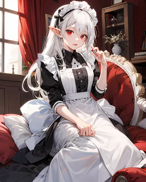 White-haired, red-eyed beast-eared loli，Wear maid outfits，