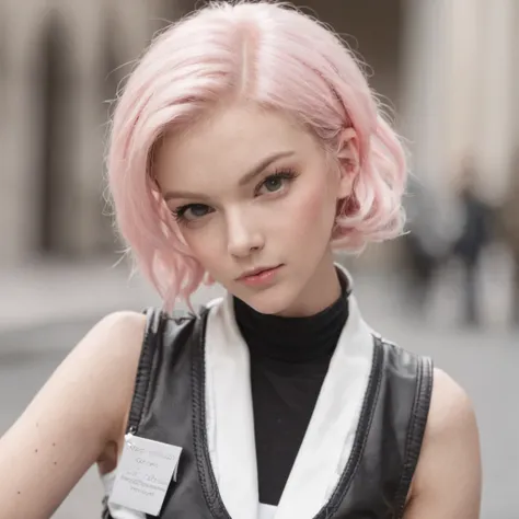 schoolgirls，pink short hair，Gilet blanc，Strap black leather pants，high-heels