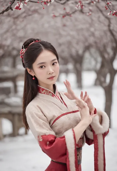 （Blurred foreground：A large number of snowflakes fell from the sky：1.8，），（A large number of plum blossoms fell from the sky：1.6），（Chinese Song Dynasty beauty dancing in skirt），（anatomy correct，Korean star face，The hands and face are very delicate and clear...