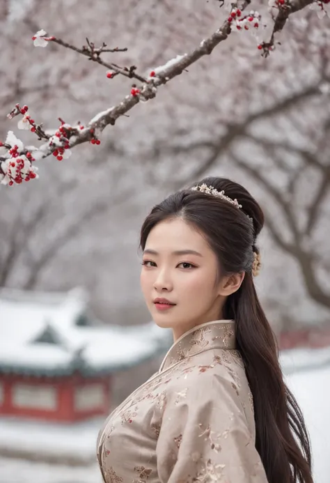 （Blurred foreground：A large number of snowflakes fell from the sky：1.8，），（A large number of plum blossoms fell from the sky：1.6），（Chinese Song Dynasty beauty dancing in skirt），（anatomy correct，Korean star face，The hands and face are very delicate and clear...