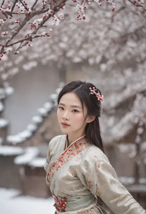 （Blurred foreground：A large number of snowflakes fell from the sky：1.8，），（A large number of plum blossoms fell from the sky：1.6），（Chinese Song Dynasty beauty dancing in skirt），（anatomy correct，Korean star face，The hands and face are very delicate and clear...