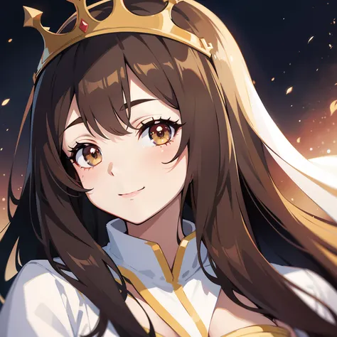 beautiful waifu queen, queen crown, queen robe, smile, brown eyes, long brown hair, character concept, portrait of [x], anime style