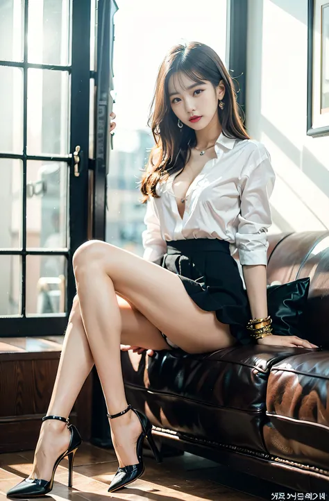 Alafe sitting on sofa in white shirt and black skirt,Japan person model, (((beautiful countenance))),(((big eye))),(((Beautiful eyes))),(((long lashes))),((Beautiful teeth alignment)),Gorgeous young Korean woman, (((huge tit))), ((cleavage of the breast)),...