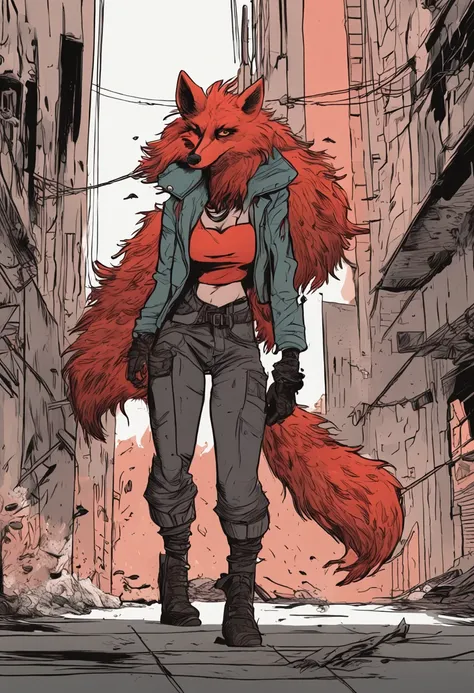 Image of a female anthropomorphic she-wolf striking a pose in a manner, The setting is a chaotic urban environment with fire all around it and a very detailed shadow, And Wolf is hurt and dirty, She has an athletic body with a long, bulky reddish syrup and...