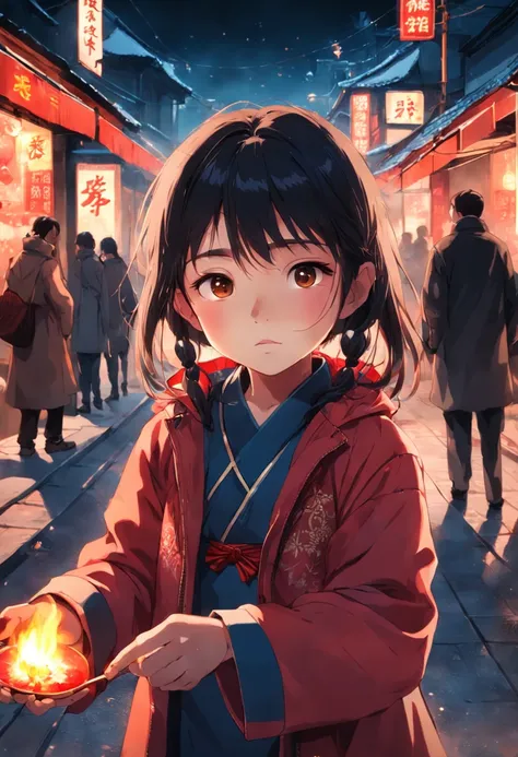 A little girl selling matches on a cold street with twinkling inner light in her eyes Little Chinese girl