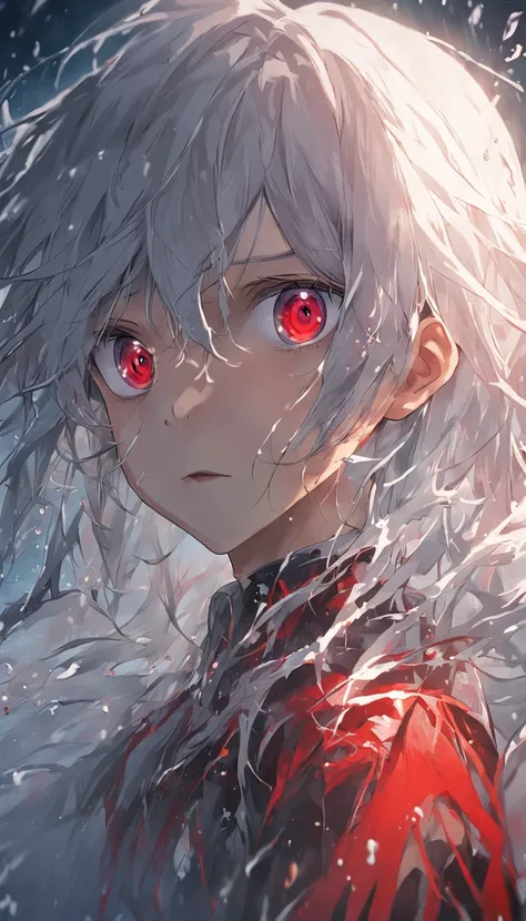 anime boy, body immersed in water, white hair, long hair, red eyes, conceptual art,  Best quality, Masterpiece, (photograph realistic:1.4), surrealism, Very detailed, movie light effect, 4K, Mysterious storyline, kaneki ken, Vibrant colors, reasonable desi...