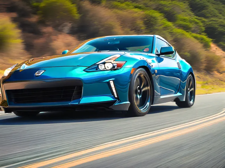 turquoise nissan fairlady z galloping along the coastal highway, blue sky, motion blur, ultra-high resolution, highly detailed a...