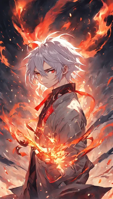 Best quality, Masterpiece, 超高分辨率, (photograph realistic:1.4), surrealism, Dream-like,fusionart, anime boy, long white hair, red eyes, in the dark, fire magic,