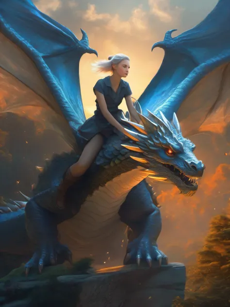 (Best Quality, Masterpiece: 1.1), (Realistic: 1.4), Beautiful girl is riding on the dragon, flying in the sky, god ray ,teen, silver short hair, blue eyes, over the forest, fractal art, fire