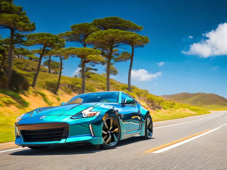 turquoise nissan fairlady z galloping along the coastal highway, blue sky, motion blur, ultra-high resolution, highly detailed a...