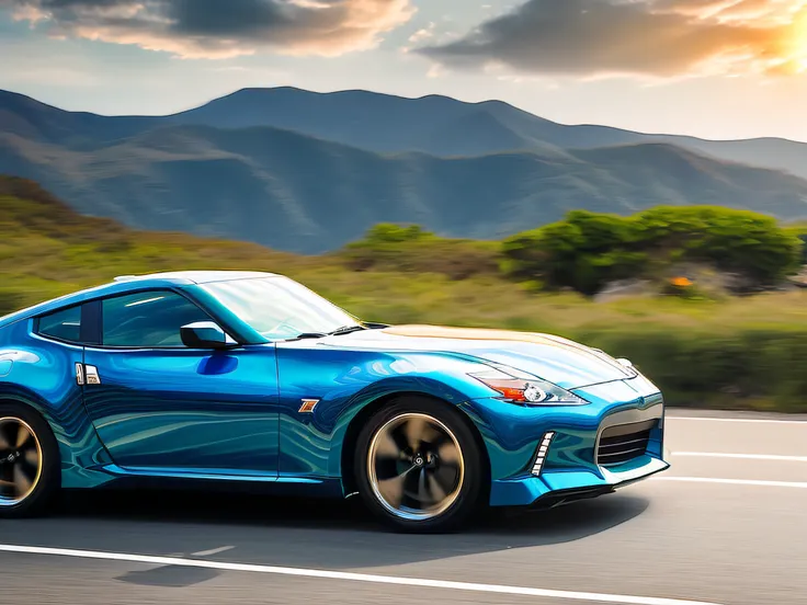 turquoise nissan fairlady z galloping along the coastal highway, blue sky, motion blur, ultra-high resolution, highly detailed a...