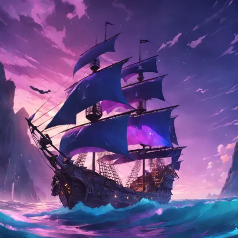 Bright pirate ship，Smooth wooden sides and purple sails sail on the azure sea, 8K, Ultra photo realsisim, trending on artstationh, Rule of thirds