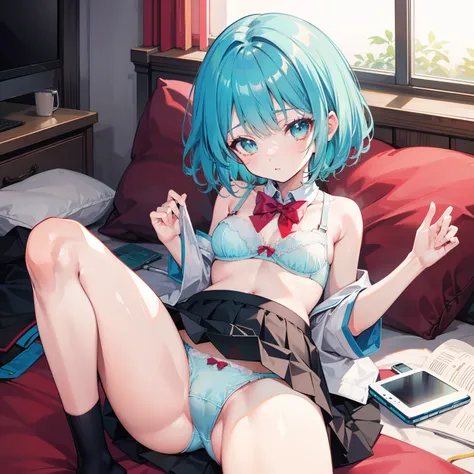 NSFW，High school girl half naked, Skirt folded up, uniform, Panty shots, Lucky lewdness，Reveal a cute bra，CYAN short hair