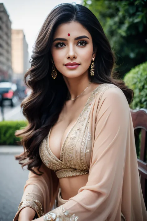 Portrait of A confident-looking Indian woman with long flowing hair, hazel eyes, with flowing capes, sitting in the park, wearing saree, cute smile on face, city streets background, bokeh, with perfect composition, hyperrealistic, super detailed, 8k, high ...