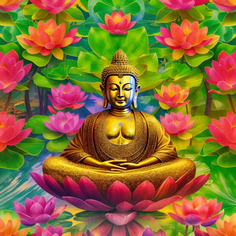 "Generate a realistic depiction of Buddha with a golden aura around him sitting on a giant lotus flower symmetrical in the colors of the rainbow, It is in the middle of a garden with many flowers and colors, com flores coloridas ao redor e luz suave ilumin...