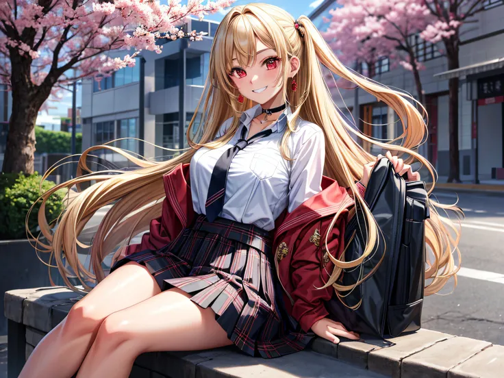 masterpiece, best quality, 1girl, long hair, bored, sitting, feet up, soles, forest bangs, black choker, black necktie, blonde hair, blue skirt, blush, bracelet, breasts, choker, clothes around waist, collarbone, collared shirt, cowboy shot, dress shirt, e...