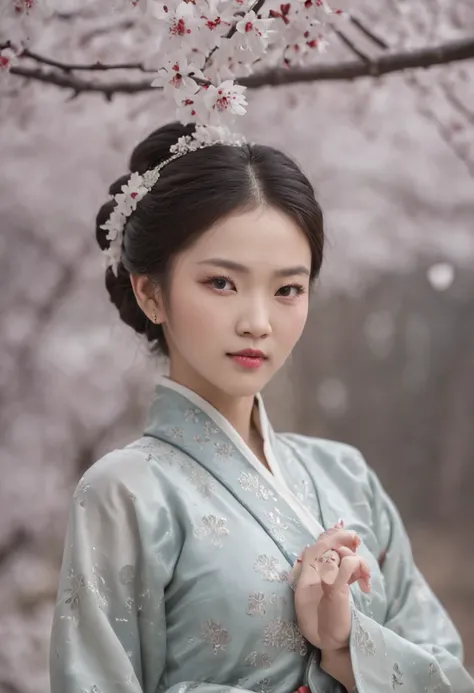 （Blurred foreground：A large number of snowflakes fell from the sky：1.8，），（A large number of plum blossoms fell from the sky：1.6），（Chinese Song Dynasty beauty dancing in skirt），（anatomy correct，Korean star face，The hands and face are very delicate and clear...