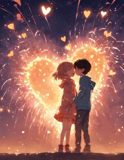 the night，Colorful，Fireworks all over the sky，Heart-shaped bubbles，Child couples，Cartoony，Chubby little girl and little boy hugging each other，Glowing fireflies around，，Cute and cute，KIDS ILLUSTRATION，Glow effects，Dingdall effect，depth of fields，high light...