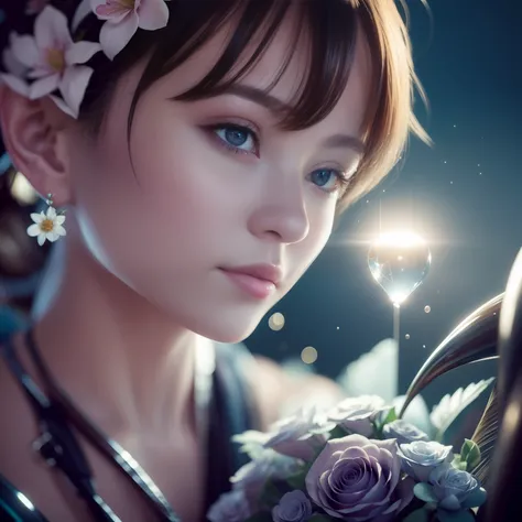 Very realistic photorealistic cute girl with flowers, James Jean and Android Jones: Jeff Koons: Erin Hanson: joe fenton: by Dan Mumford: Professional Photography, Natural lighting, volumetric lighting largest photo illustration 8K resolution concept art in...