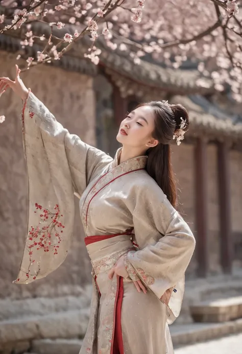 A Chinese Song Dynasty beauty in pants is dancing，The hands and face of this beauty are very delicate and clear。Stand in the middle of an antique courtyard，Plum blossoms fall with snowflakes，Morandi colors，电影灯光，wide angles，Ultra HD details，8K