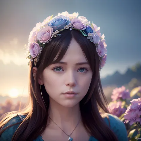 Very realistic photorealistic cute girl with flowers, James Jean and Android Jones: Jeff Koons: Erin Hanson: joe fenton: by Dan Mumford: Professional Photography, Natural lighting, volumetric lighting largest photo illustration 8K resolution concept art in...