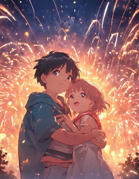 "Quality 8K master works，Super fine childrens illustration，Fireworks at night，Colorful scenery，Chubby little boy and little girl hugging each other，There are glowing fireflies around，Cute and cute，Real light，Highlight effect，Depth of field and bokeh are ac...