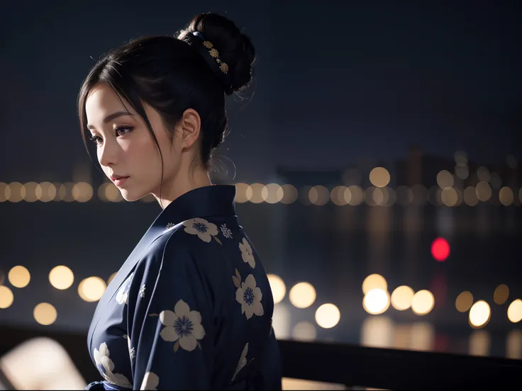 An alone extremely beautiful woman wearing an elegant navy blue yukata. Her hair is tied up in a bun to show her vulnerable neck. Fireworks going on in the back ground. Bokeh. Blur background