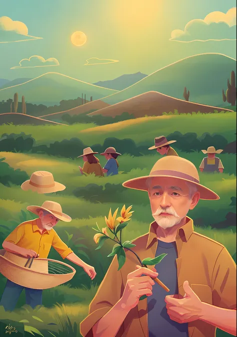 A rural old man wearing a yellow straw hat holds honeysuckle in his hand, golden honeysuckle field, hat, mountain, bird, moon, cloud, male focus, sun, beautiful field, rich detail, beautiful field, super clear detail, clear facial expression, bright color