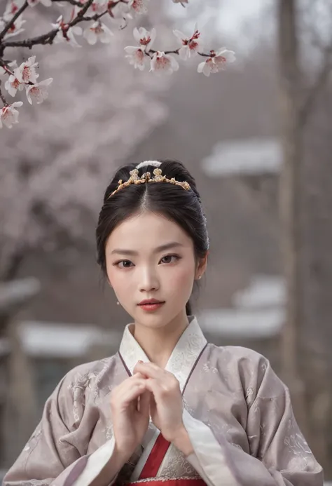 （Blurred foreground：It was snowing heavily：1.8，），（It rained in plum blossoms：1.6），（Chinese Song Dynasty beauty dancing in skirt），（anatomy correct，Korean star face，The hands and face are very delicate and clear），（Stand in the middle of a quaint courtyard，Pl...