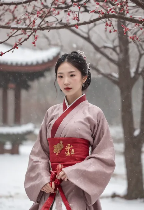 （Blurred foreground：It was snowing heavily：1.8，），（It rained in plum blossoms：1.6），（Chinese Song Dynasty beauty dancing in skirt），（anatomy correct，Korean star face，The hands and face are very delicate and clear），（Stand in the middle of a quaint courtyard，Pl...