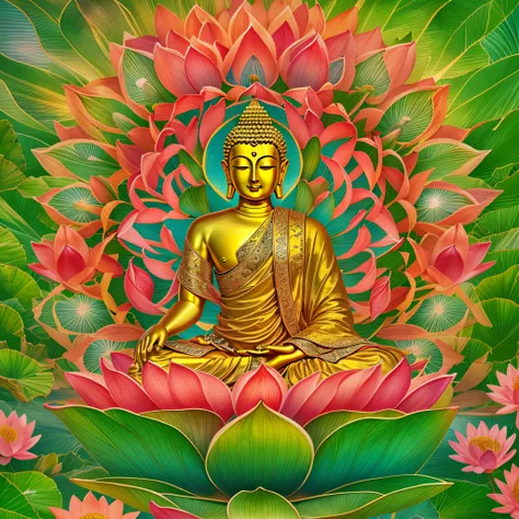 "Generate a realistic depiction of Buddha with a golden aura around him with a very bright divine light descending from heaven and illuminating Buddha in its entirety, sitting on a giant lotus flower symmetrical in the colors of the rainbow, It is in the m...