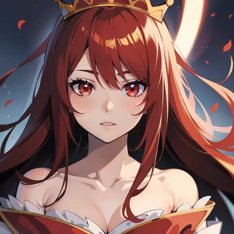 beautiful waifu queen, queen crown, queen robe, elegant, red eyes, long red hair, standalone, alone, character concept, portrait of [x], anime style