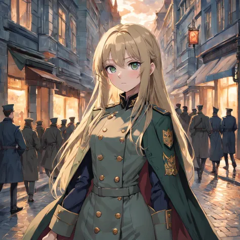 Lonely young girl, Tall stature, little chest, Slavic appearance: Green eyes; blond hair; sharp facial features; Straight nose; pronounced high cheekbones, stands upright, military uniform: gray double-breasted overcoat; gray pants, full length, max detail...