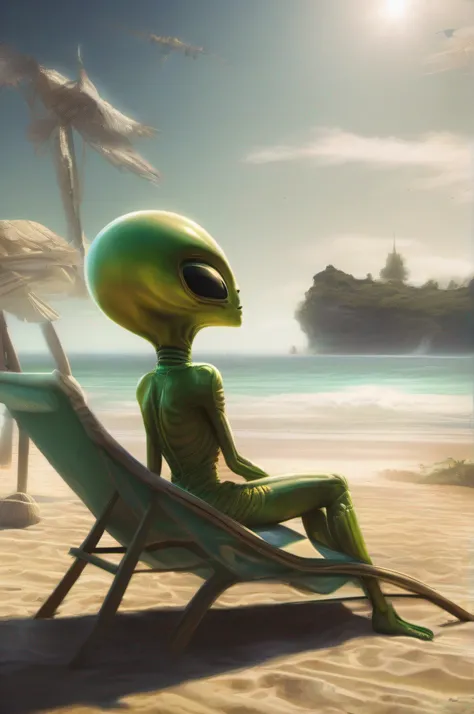 an alien sunbathing on the beach