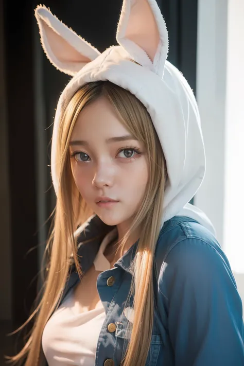 rutkowski repin, wlop, natural blonde hair realistic , image of a  incredibly beautiful 1girl Kodomo Anime Style , large pefect eyes, bunny hoodie, Jean-Baptiste Monge style, with highlights in her eyes,  light freckles,  makeup,  by  stanley artgerm lau, ...