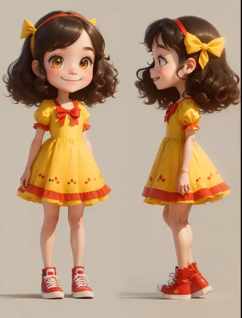 Character, Pixar cartoon style, girl, smiling very happily, black, wavy hair, brown eyes, with yellow dress, red shoes, and red bow in her hair