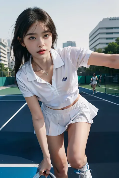 Girls solo，Wearing a white polo shirt、White sneakers and tennis wear，Team it with a white miniskirt。Its a masterpiece，The best quality，Realistic and ultra-detailed。Shiny skin，Sweat slightly，The scene is ridiculous，she look at the viewer。Short black hair an...