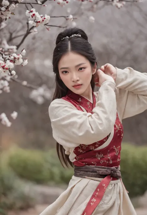 （Blurred foreground：It was snowing heavily：2.0，），（Falling a lot of plum blossoms：1.6），（Chinese Song Dynasty beauty dancing in skirt），（anatomy correct，Korean star face，The hands and face are very delicate and clear），（Stand in the middle of a quaint courtyar...