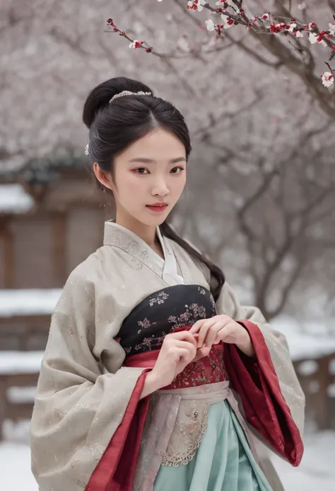 （Blurred foreground：It was snowing heavily：2.0，），（Falling a lot of plum blossoms：1.6），（Chinese Song Dynasty beauty dancing in skirt），（anatomy correct，Korean star face，The hands and face are very delicate and clear），（Stand in the middle of a quaint courtyar...