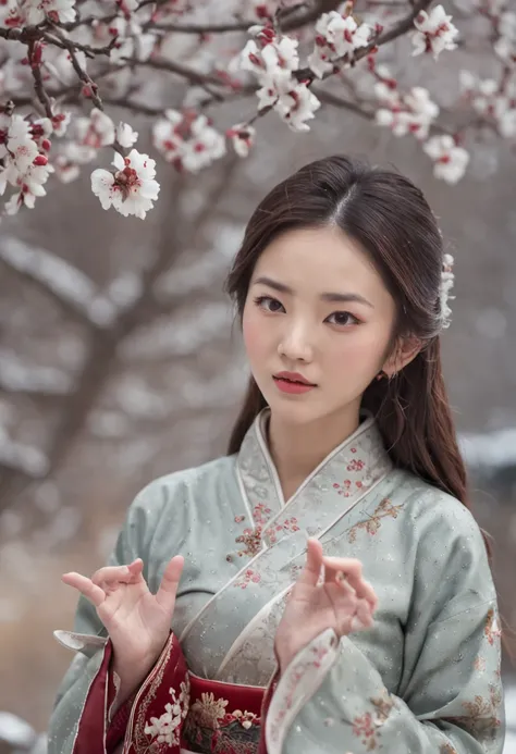 （Blurred foreground：It was snowing heavily：2.0，），（Falling a lot of plum blossoms：1.6），（Chinese Song Dynasty beauty dancing in skirt），（anatomy correct，Korean star face，The hands and face are very delicate and clear），（Stand in the middle of a quaint courtyar...