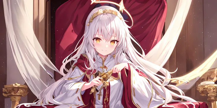 Pope all over the body，one-girl，Poor milk，On the scepter，Lie down in bed（long white robe，The pattern is complex））red shawl，（cute anime face），Gold eyes，long  white hair，ssmile，The halo，（Sit on a low throne），In a magnificent castle，A high resolution