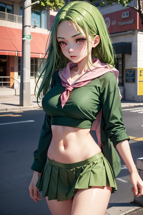 (masterpiece, CGI: 1.5), (bokeh), (best quality), (detailed skin pore texture: 1.1), (8k), (HDR), (wallpaper), (focus sharp)1 girl 20s, long hair, long bangs parted in the middle, with ((forehead)), short eyebrow, (((green hair))), (((pink eyes))), ((big b...