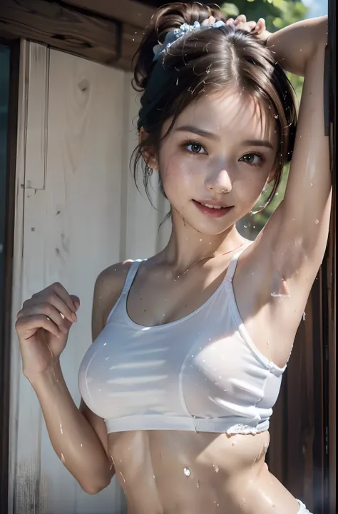 ((Show underarms、Armpit、oiled slimy armpits:1.15、Oiled tecateca armpits:1.15、Detailed wrinkles in the armpits:1.8、Wrinkles under the armpits:1.8、Sweaty face、Show me your armpits、The body is turned to the front、A hyper-realistic、Armpit、Bright armpits:1.8、Sh...