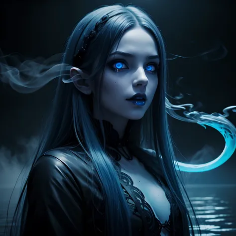 dark, unholy, evil, long tongue out, black snake, astral, creepy style, undead, mystical, nice perfect face with soft skin, young beautiful woman portrait in the lake, smoke, mist, night, long blue hair, glowing blue eyes, front view, looking in the camera...