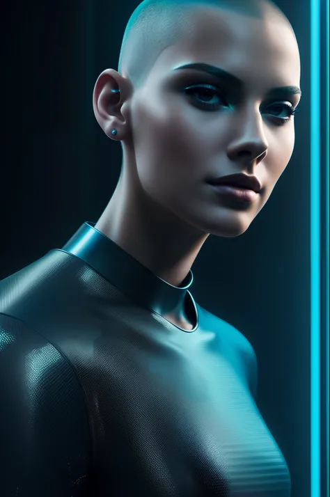 Modern beauty portrait. Young woman with shaved head. Futuristic cyberpunk concept of a female human being powered with AI hologram, full body