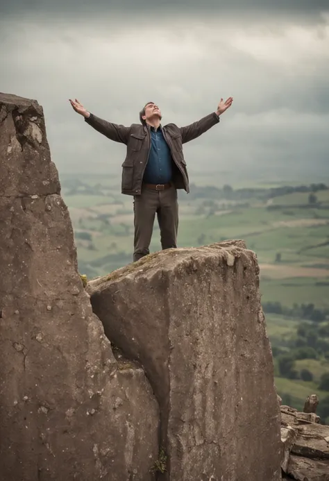 Man at the top of the hill with his hands raised looking up at the sky falling thunder